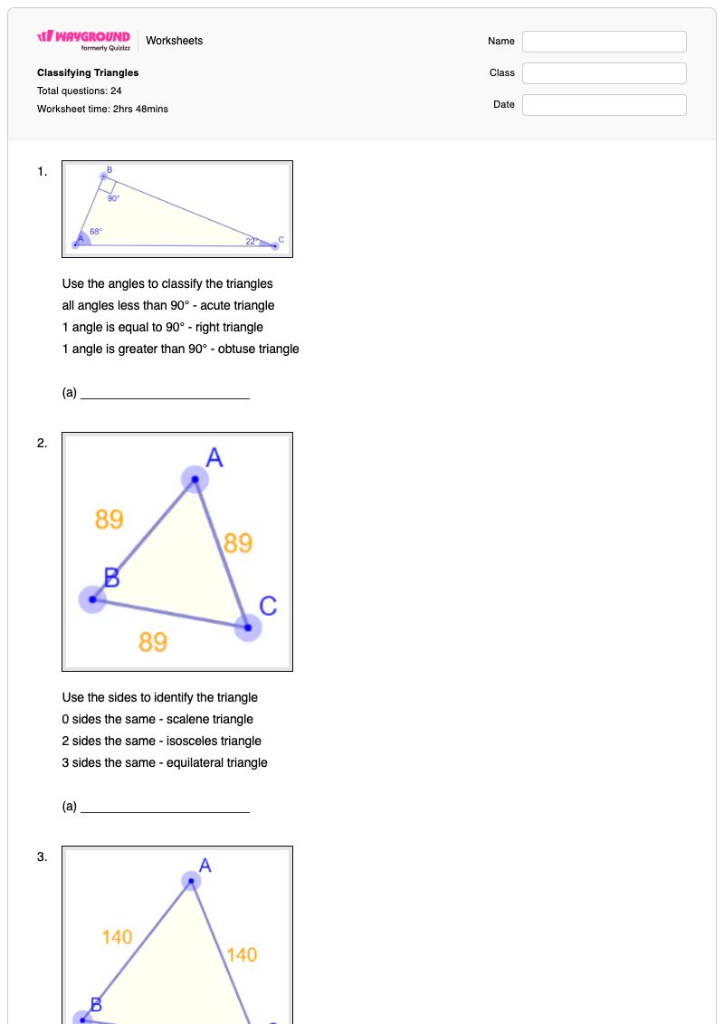 Classifying Triangles - พิมพ์ได้ การจำแนกประเภทสามเหลี่ยม เวิร์กชีท - Wayground