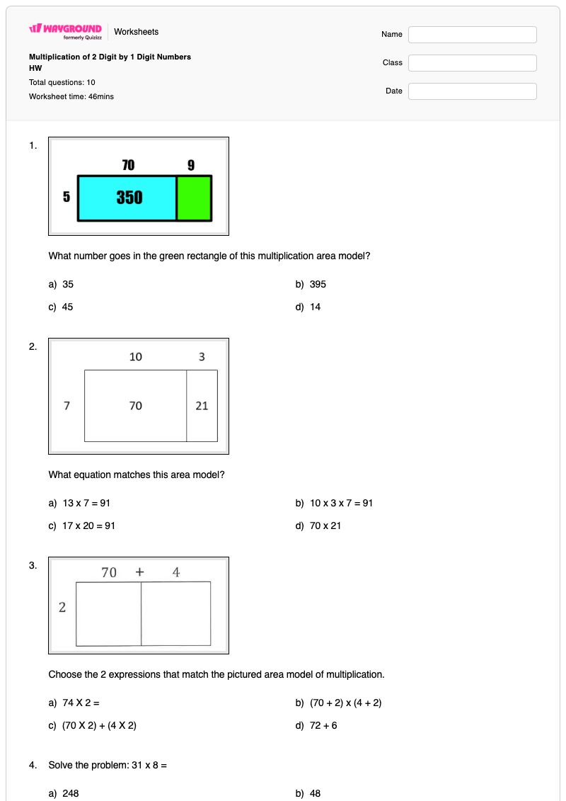 Multiplication of 2 Digit by 1 Digit Numbers HW - Printable Multiplication Worksheets - Wayground
