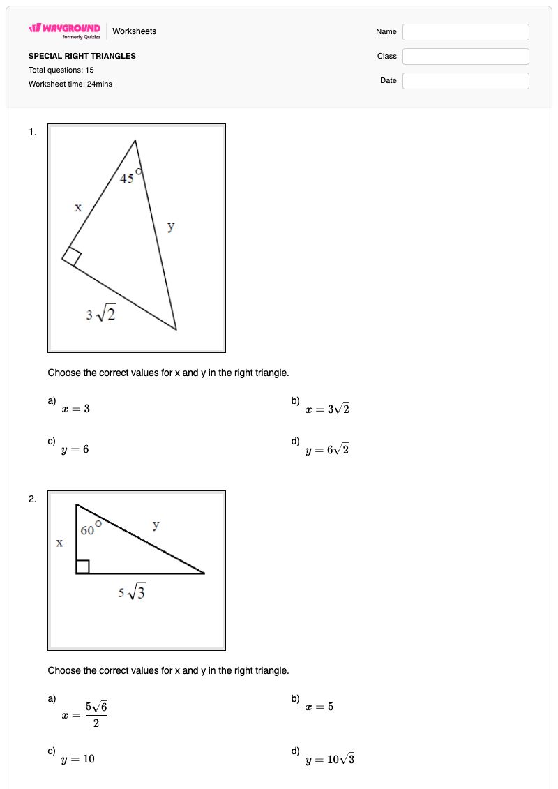SPECIAL RIGHT TRIANGLES - Printable Algebra Worksheets - Wayground