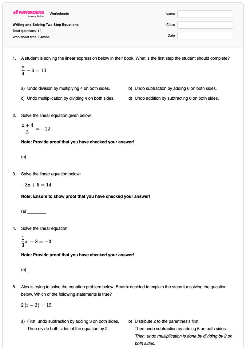 Writing and Solving Two Step Equations - พิมพ์ได้ สมการสองขั้นตอน เวิร์กชีท - Wayground