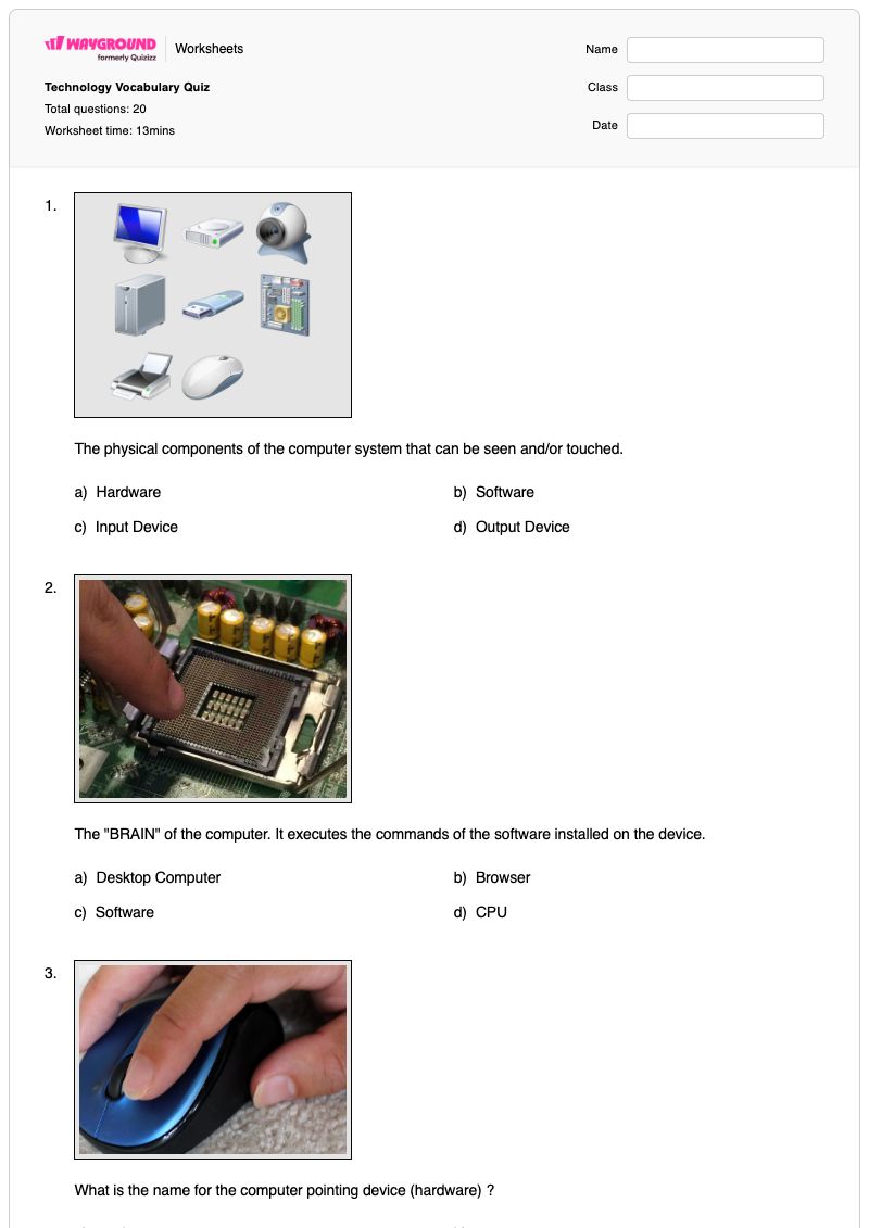 Technology Vocabulary Quiz - พิมพ์ได้ ฮาร์ดแวร์คอมพิวเตอร์ เวิร์กชีท - Wayground