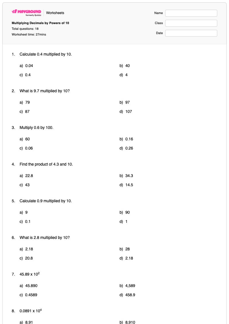 Multiplying Decimals by Powers of 10 - Printable Powers-of-10 Worksheets - Wayground