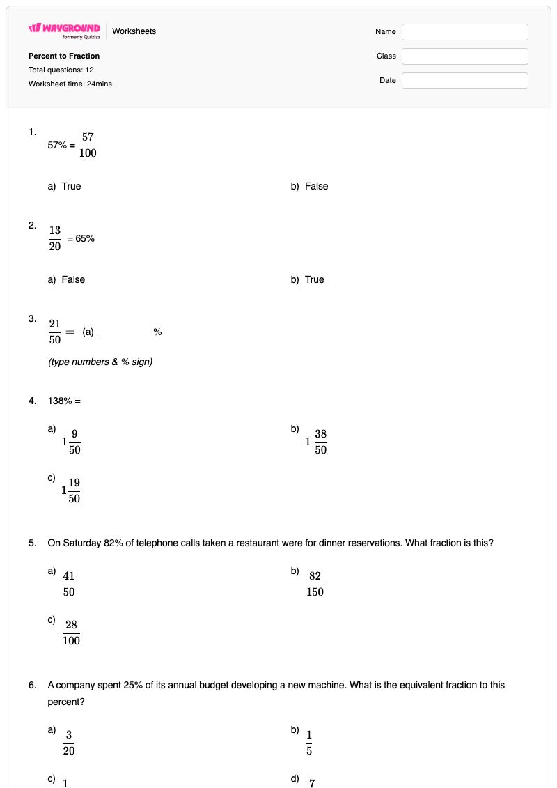 Percent to Fraction - Printable Converting-percent-to-fraction Worksheets - Wayground