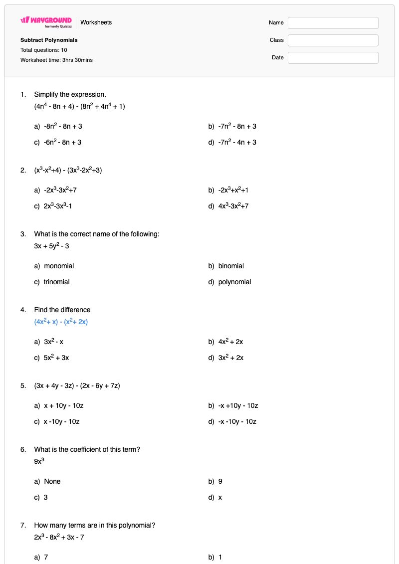 Subtract Polynomials - Printable Characteristics-of-polynomials Worksheets - Wayground