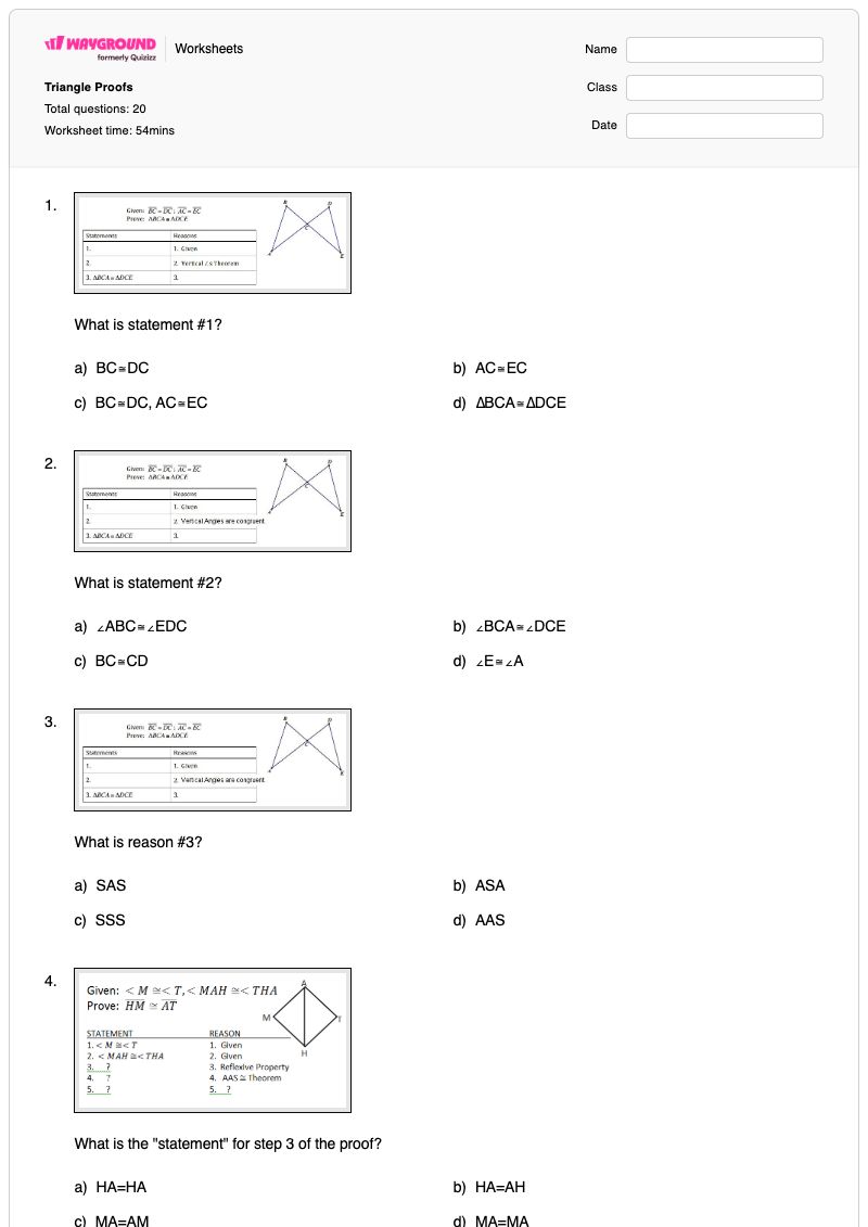 Triangle Proofs - พิมพ์ได้ การพิสูจน์แบบสองคอลัมน์ เวิร์กชีท - Wayground