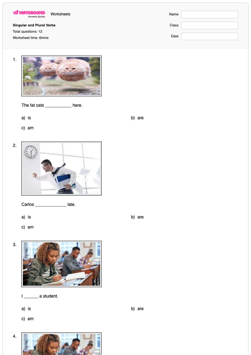 Singular and Plural Verbs - พิมพ์ได้ จากเอกพจน์เป็นพหูพจน์ เวิร์กชีท - Wayground