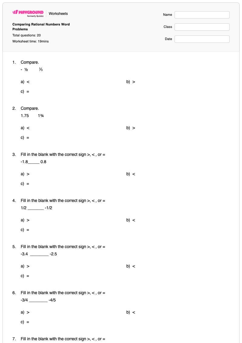 Comparing Rational Numbers Word Problems - พิมพ์ได้ คำศัพท์เกี่ยวกับตัวเลข เวิร์กชีท - Wayground