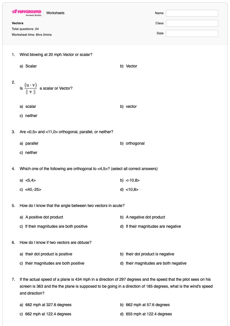 Vectors - Nadający się do druku Projekcje Karty-pracy Klasa 12 - Wayground