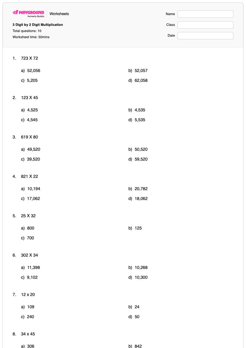 3 Digit by 2 Digit Multiplication - Printable Division Worksheets - Wayground