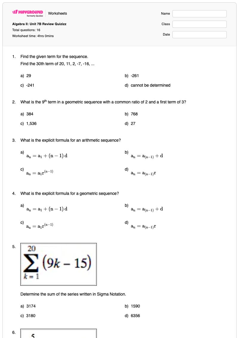 Algebra II: Unit 7B Review Quizizz  - Printable Sequences-and-series Worksheets - Wayground