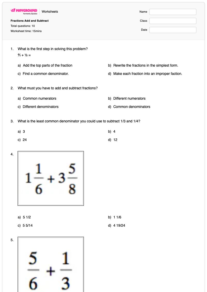 Fractions Add and Subtract - Printable Fractions Worksheets - Wayground