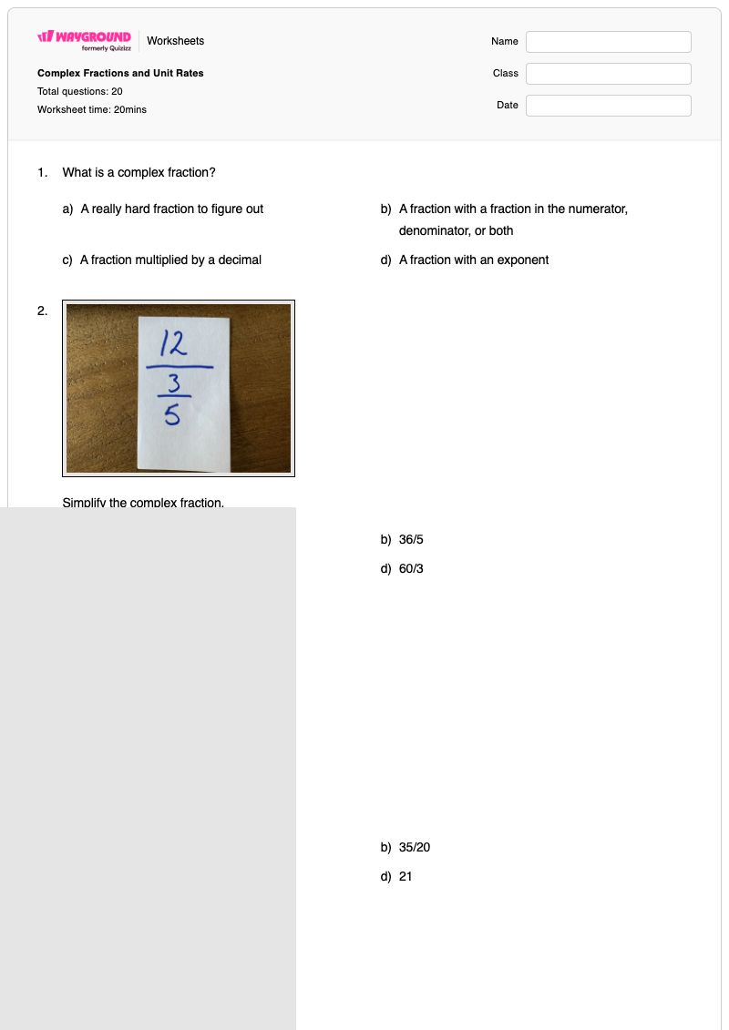 Complex Fractions and Unit Rates - Printable Algebra-2 Worksheets - Wayground