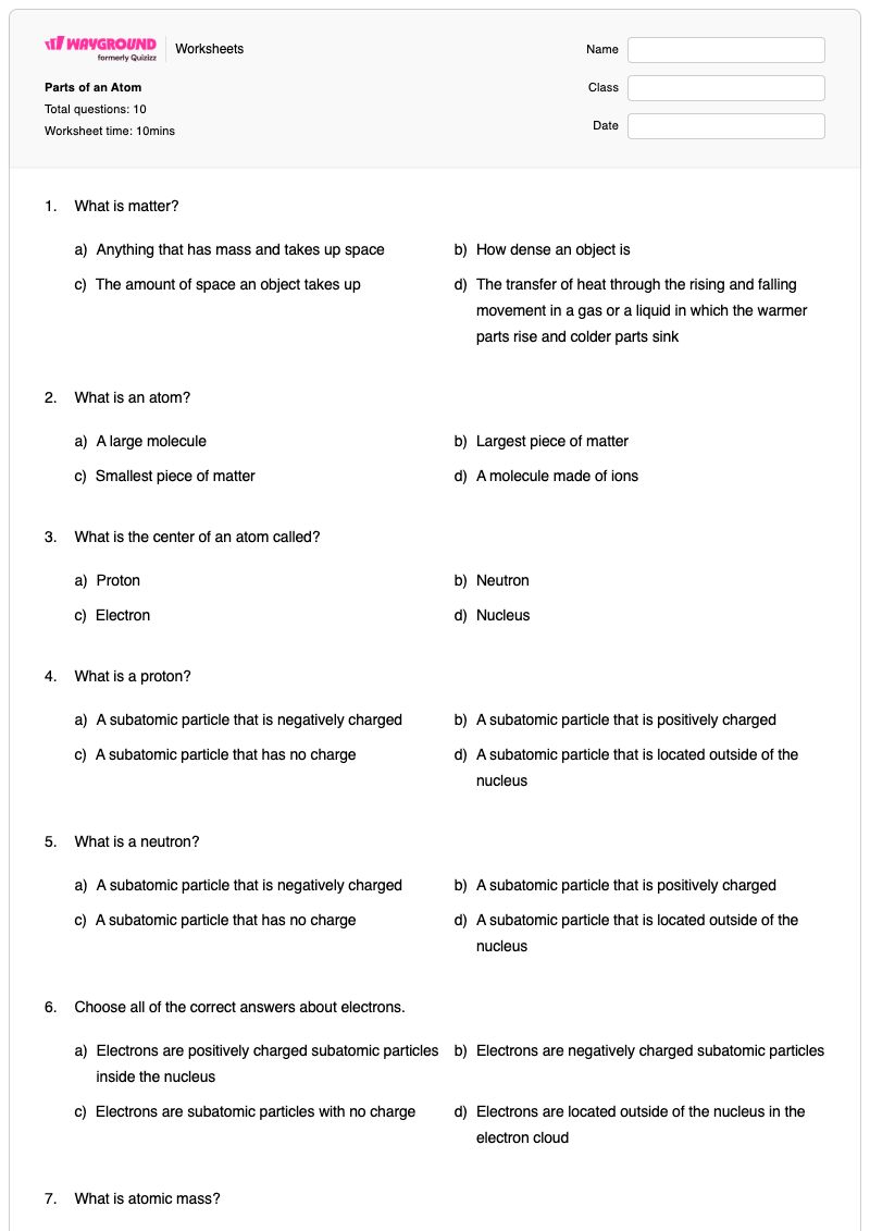 Parts of an Atom - Printable Ions-and-atoms Worksheets Class 6 - Wayground