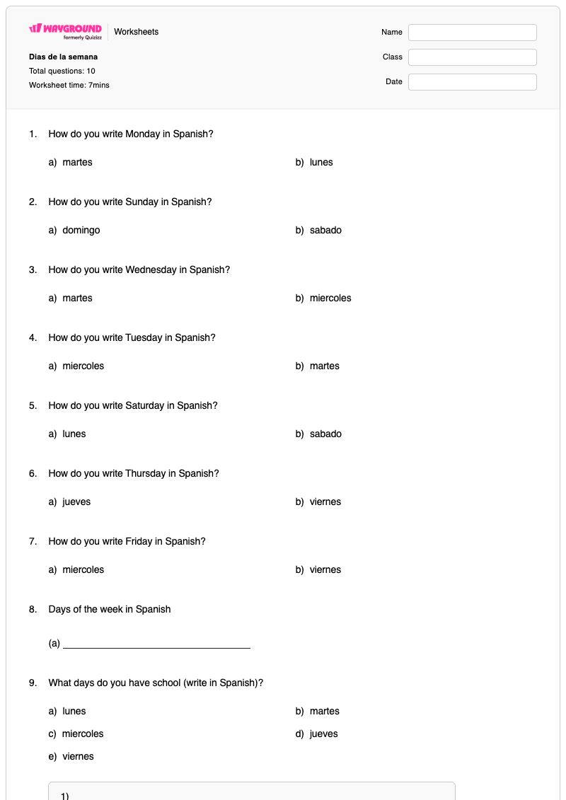 Dias de la semana  - Printable Days-of-the-week Worksheets - Wayground