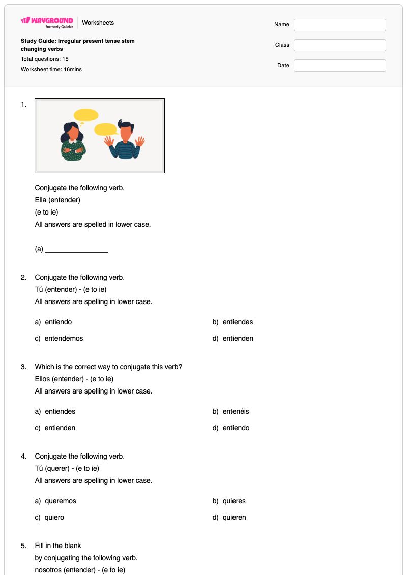 Study Guide: Irregular present tense stem changing verbs - พิมพ์ได้ คำกริยาในรูปปัจจุบันกาล เวิร์กชีท - Wayground