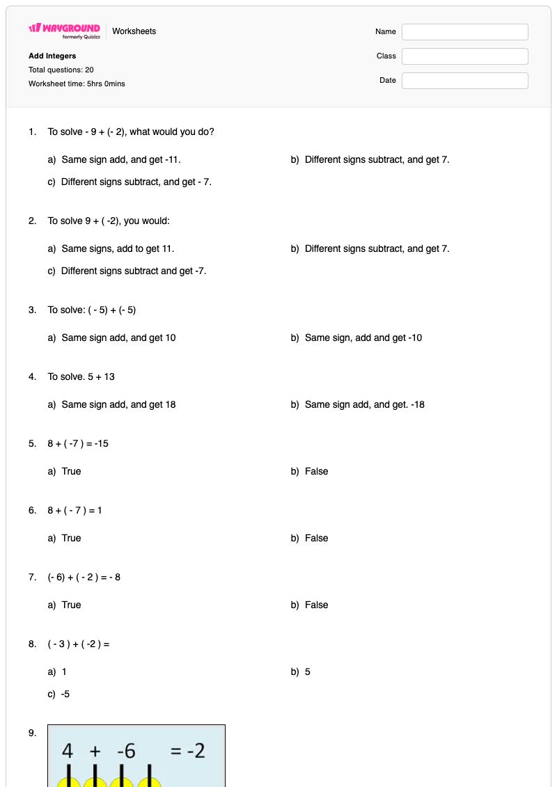 Add Integers - พิมพ์ได้ ส่วนที่เพิ่มเข้าไป เวิร์กชีท - Wayground