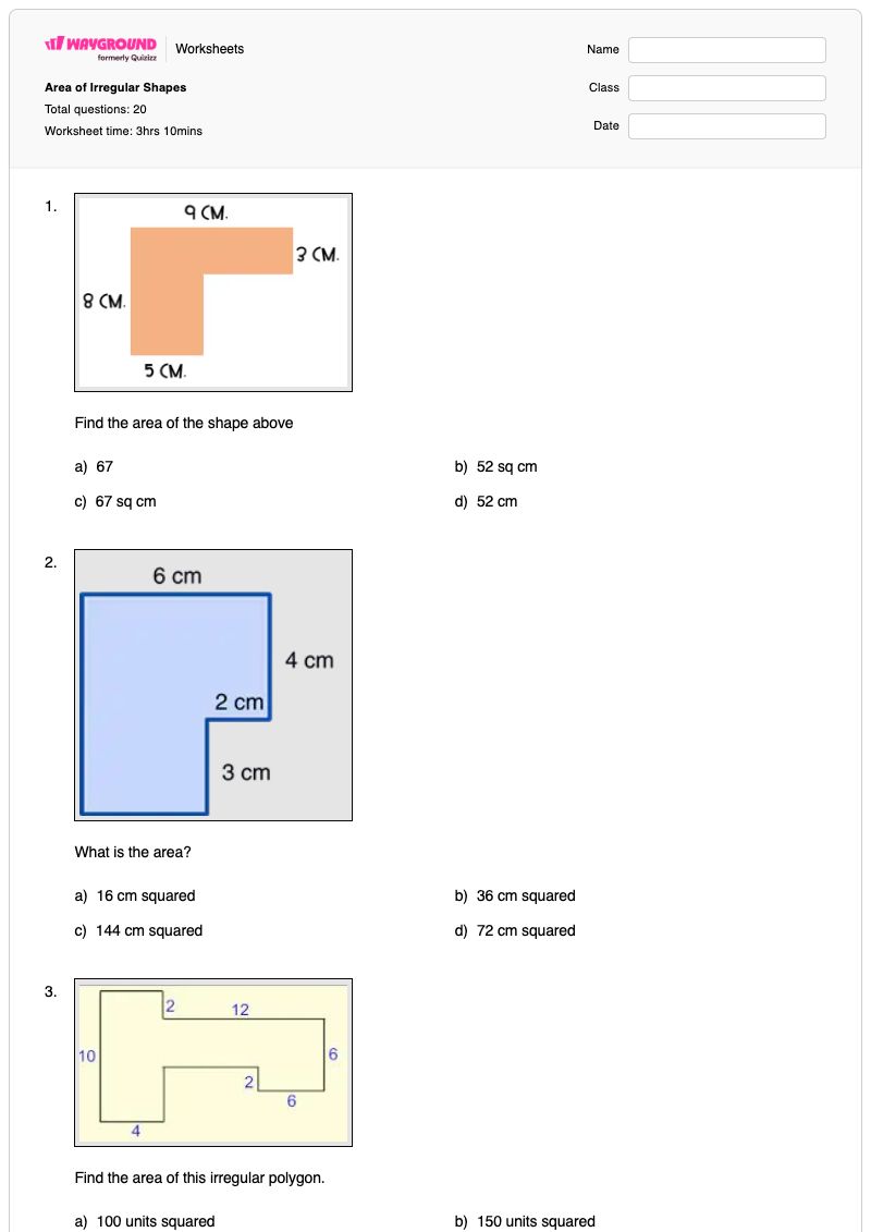 Area of Irregular Shapes - Printable Area-of-irregular-shapes Worksheets - Wayground