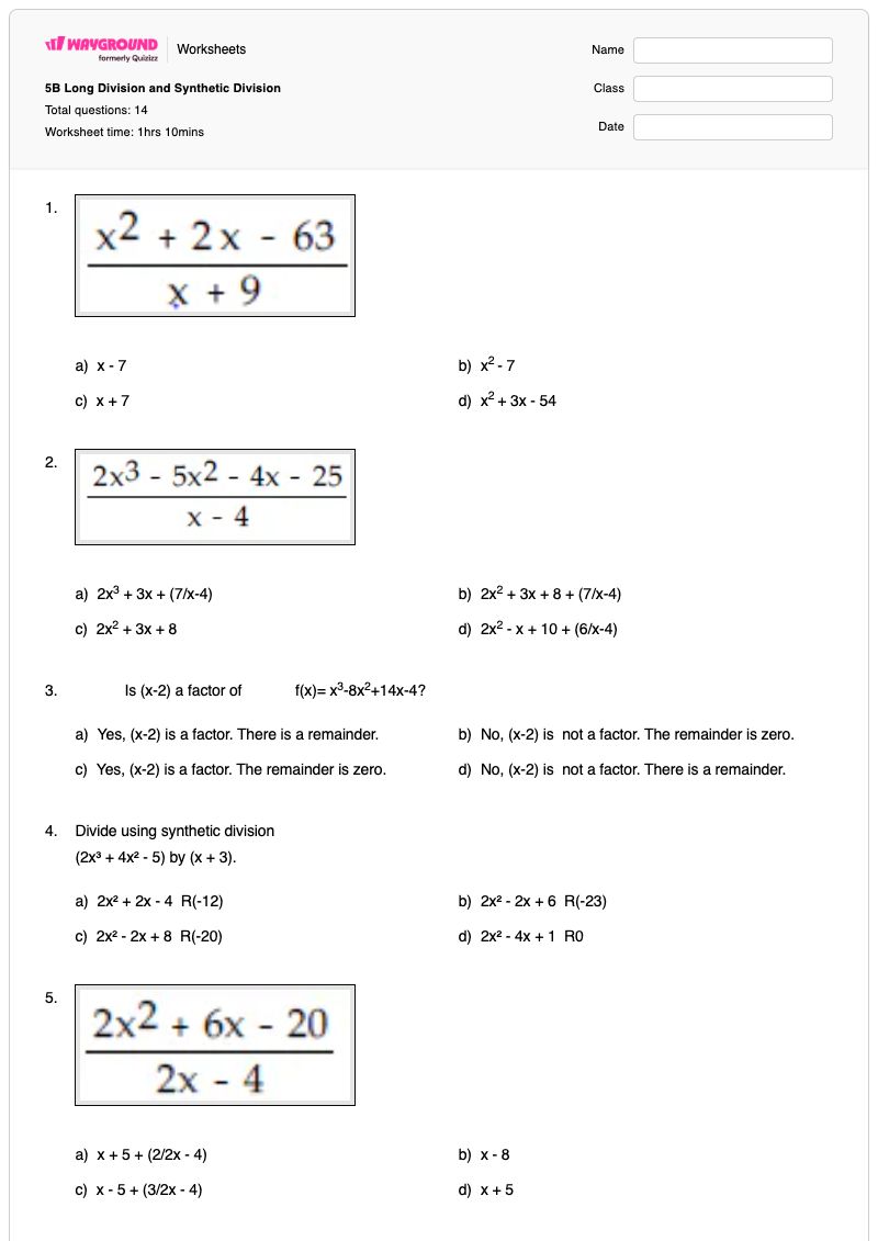 5B Long Division and Synthetic Division - Printable Division Worksheets - Wayground