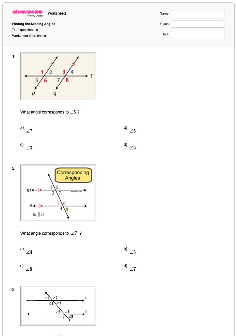 Finding the Missing Angles - Printable Angles Worksheets - Wayground