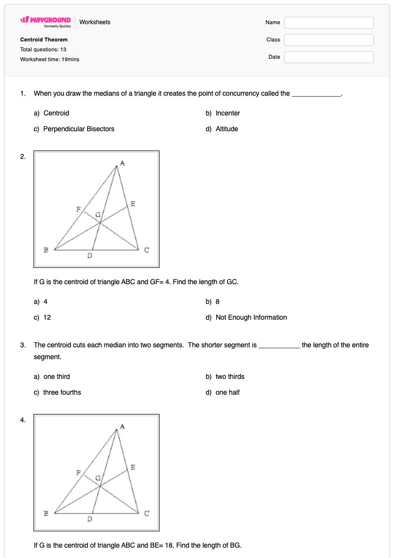 Centroid Theorem - พิมพ์ได้ จุดศูนย์กลาง เวิร์กชีท ระดับ 9 - Wayground