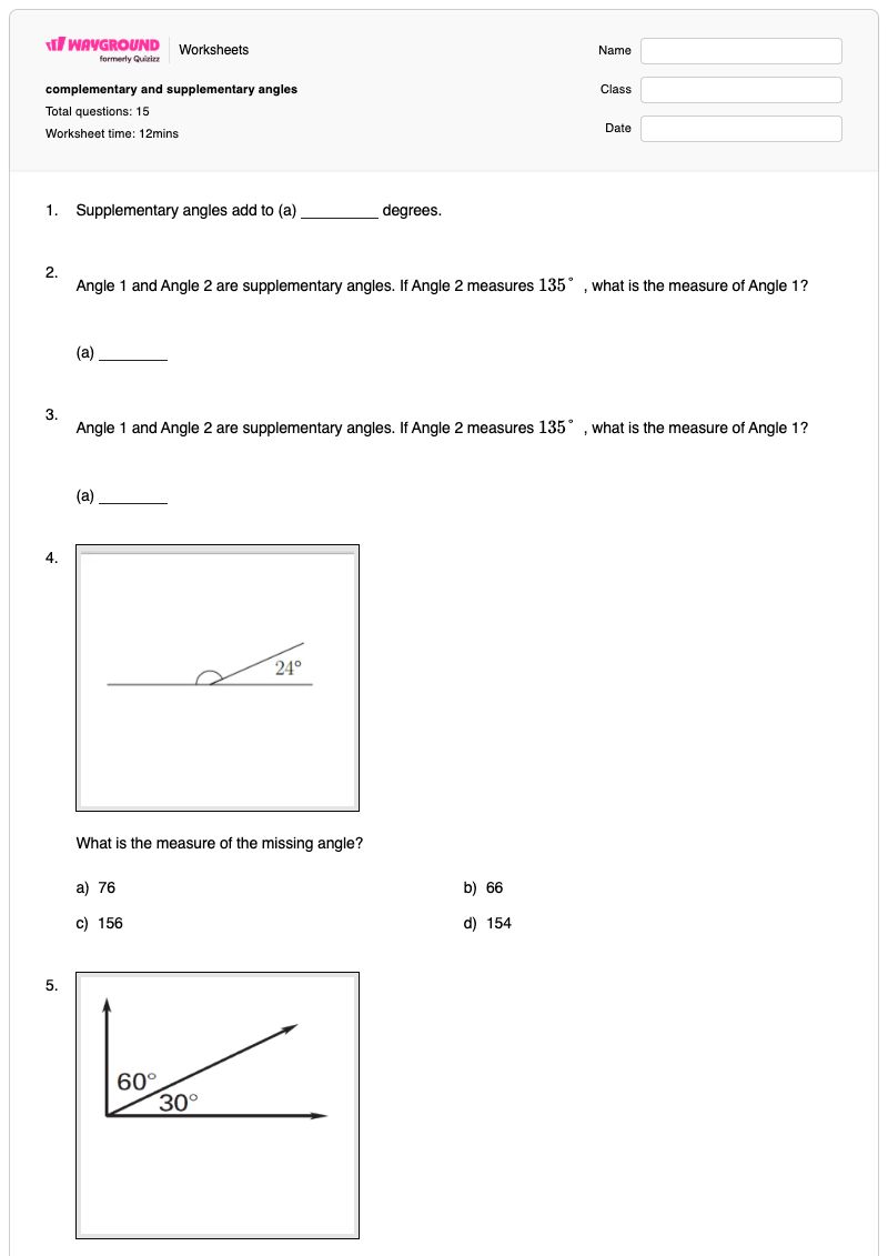 complementary and supplementary angles - Printable Angles Worksheets - Wayground