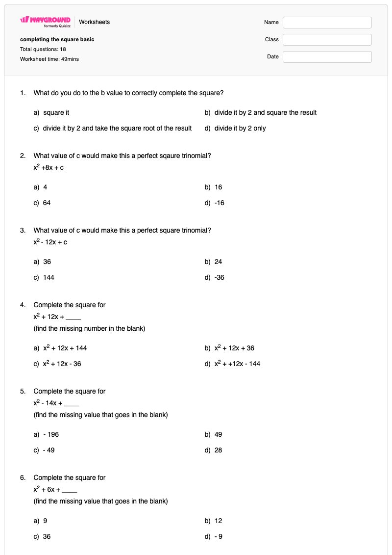 completing the square basic - พิมพ์ได้ การทำให้เป็นกำลังสองสมบูรณ์ เวิร์กชีท - Wayground