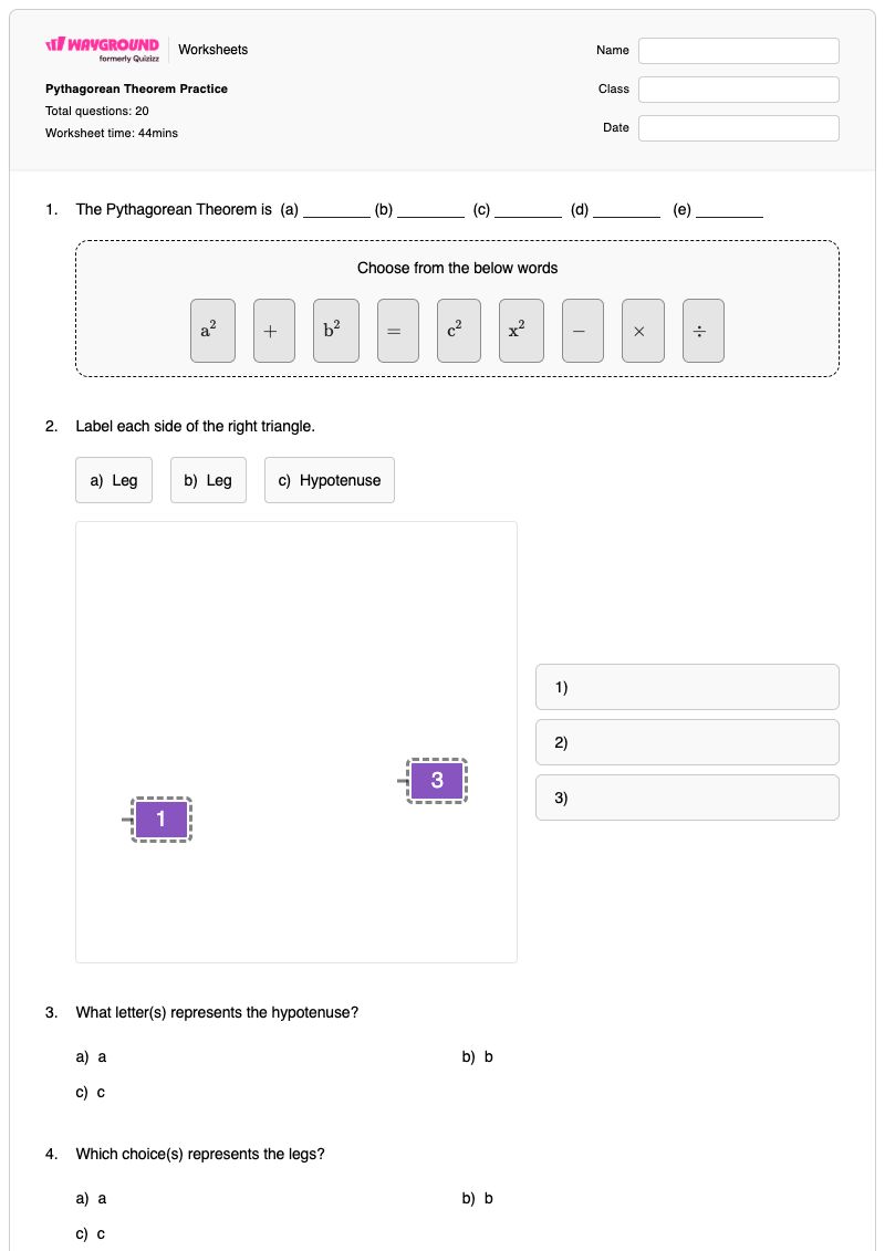 Pythagorean Theorem Practice - พิมพ์ได้ ทฤษฎีบทการบีบอัด เวิร์กชีท - Wayground