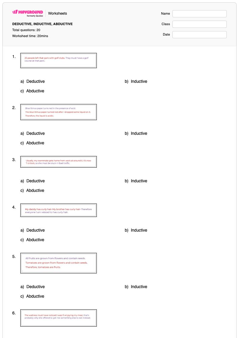 DEDUCTIVE, INDUCTIVE, ABDUCTIVE - พิมพ์ได้ Logic-and-reasoning เวิร์กชีท - Wayground