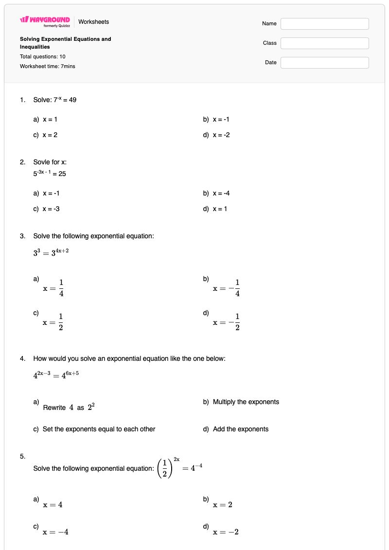 Solving Exponential Equations and Inequalities - พิมพ์ได้ การแก้สมการอสมการ เวิร์กชีท - Wayground