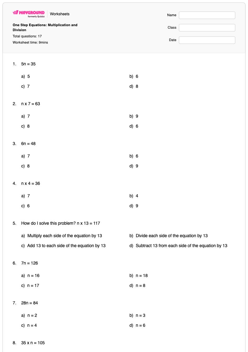 One Step Equations: Multiplication and Division - พิมพ์ได้ สมการขั้นตอนเดียว เวิร์กชีท - Wayground