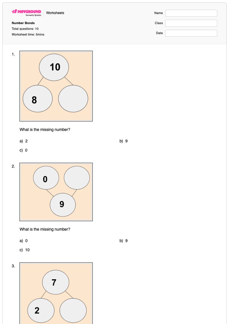 Number Bonds  - Printable Number-bonds Worksheets Year 1 - Wayground