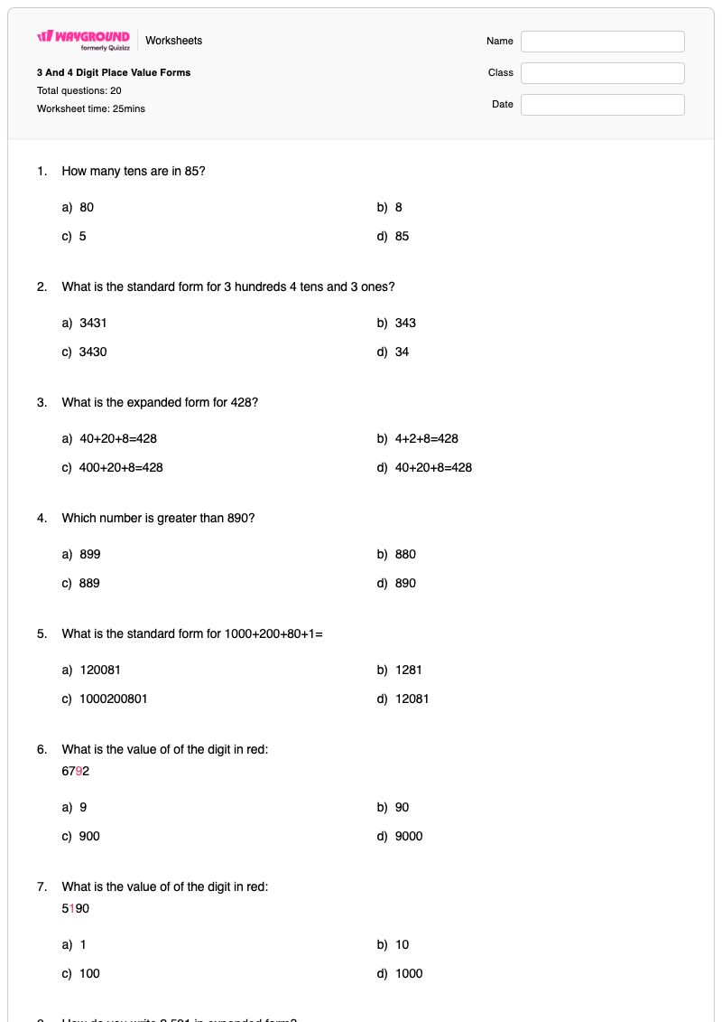 3 And 4 Digit Place Value Forms - Printable Value-of-digits Worksheets - Wayground