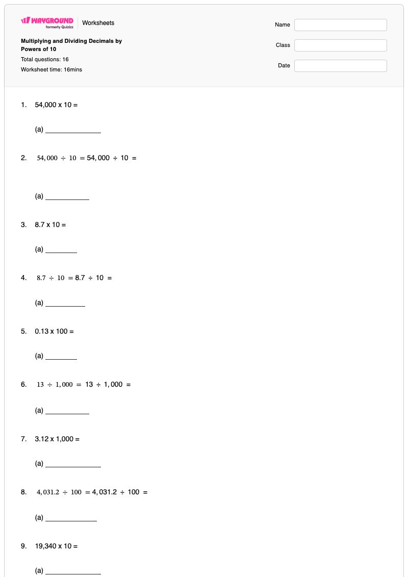 Multiplying and Dividing Decimals by Powers of 10 - Printable Powers-of-10 Worksheets - Wayground