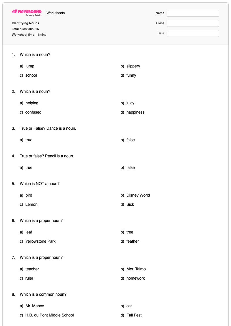 Identifying Nouns - Printable Proper-nouns Worksheets Year 5 - Wayground