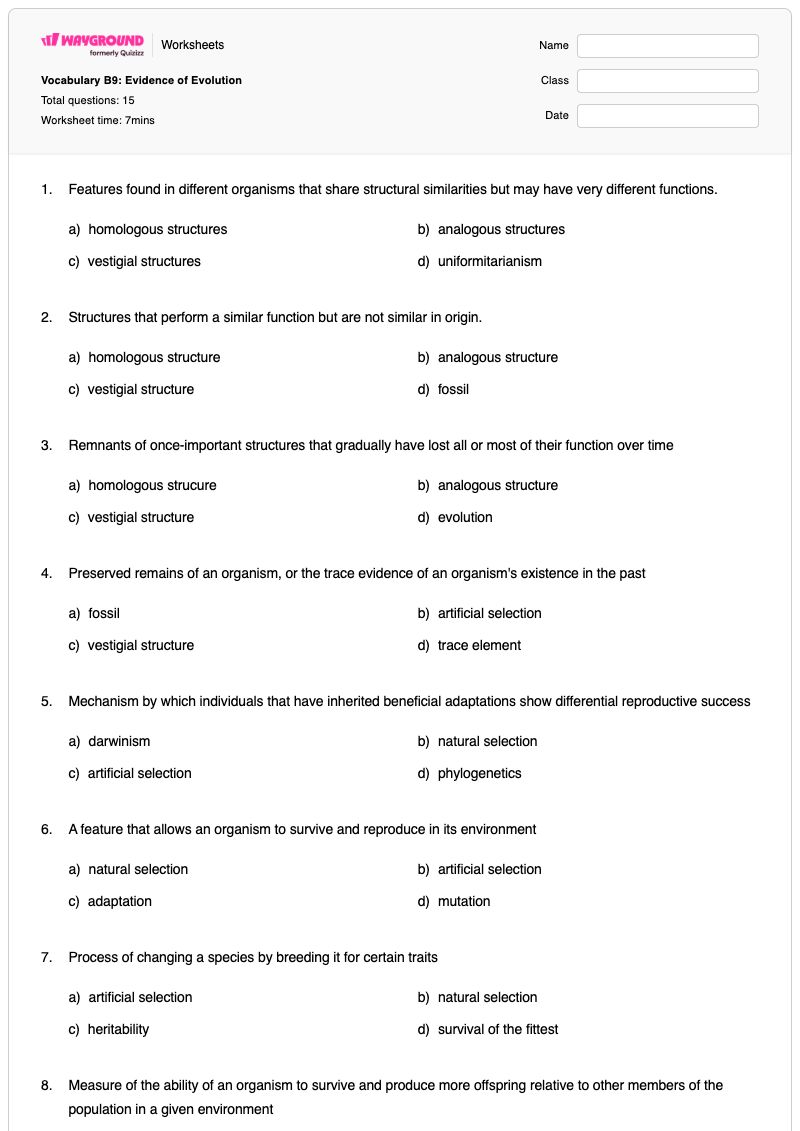 Vocabulary B9: Evidence of Evolution - Printable Evidence-of-evolution Worksheets - Wayground