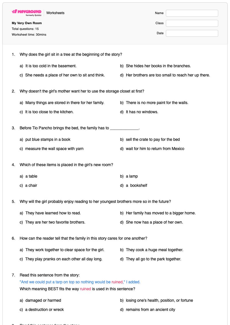 My Very Own Room - Printable Math Worksheets - Wayground