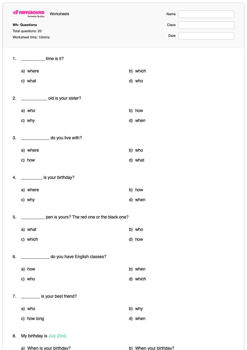 Wh- Questions - พิมพ์ได้ คำถามเพื่อทดสอบความเข้าใจ เวิร์กชีท - Wayground