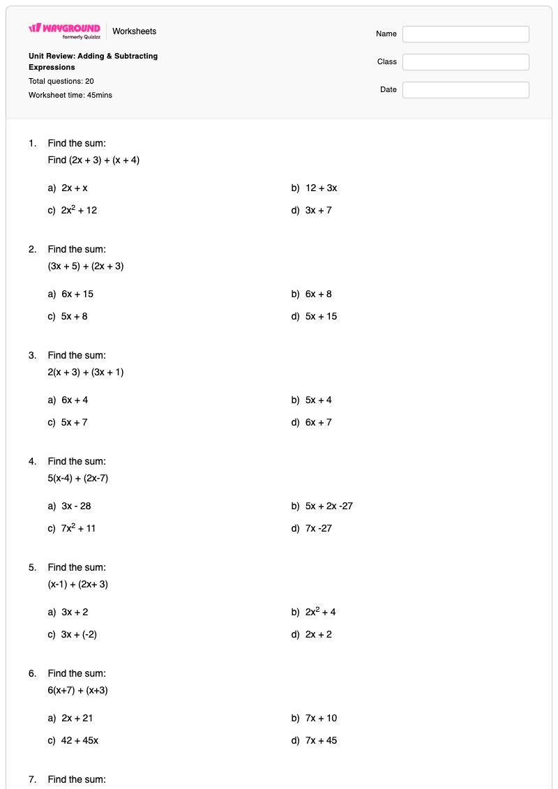 Unit Review: Adding & Subtracting Expressions - พิมพ์ได้ Addition-and-subtraction เวิร์กชีท - Wayground