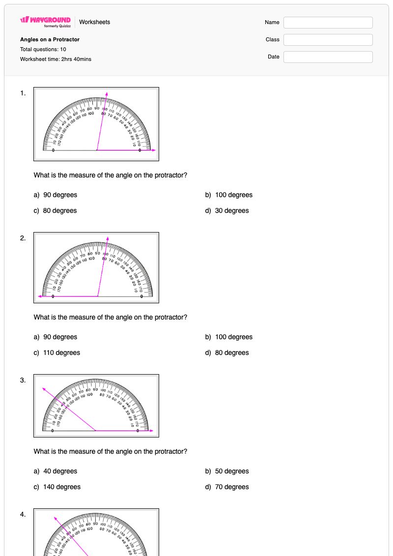 Angles on a Protractor - Printable Angles Worksheets - Wayground