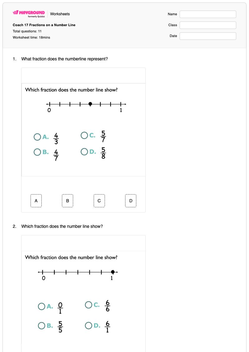 Coach 17 Fractions on a Number Line - พิมพ์ได้ การลงจุดบนเส้นจำนวน เวิร์กชีท - Wayground