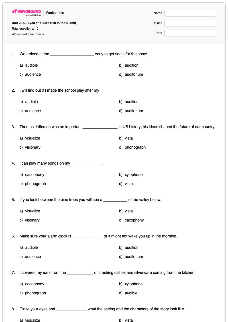 Unit 2: All Eyes and Ears (Fill in the Blank) - Printable Math Worksheets - Wayground