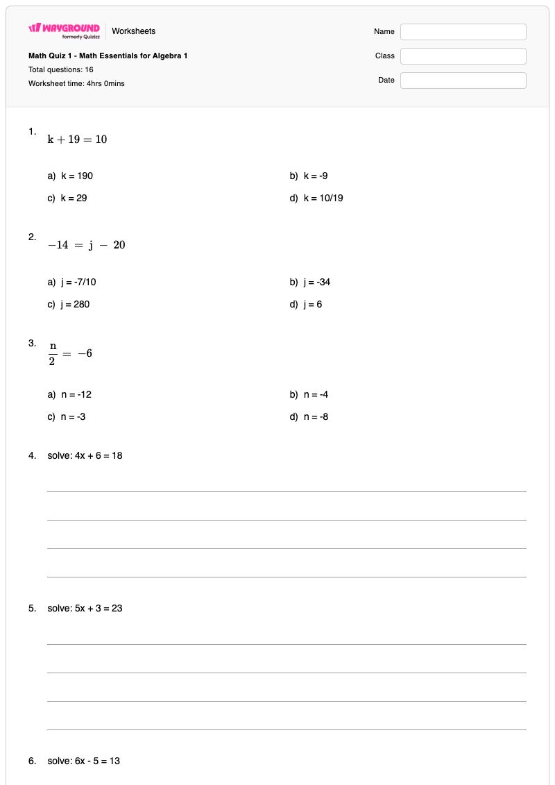 Math Quiz 1 - Math Essentials for Algebra 1 - Printable Math Worksheets - Wayground