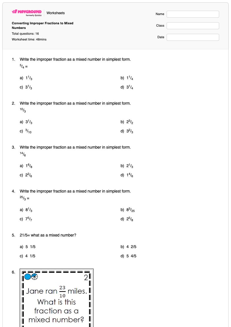Converting Improper Fractions to Mixed Numbers - พิมพ์ได้ จำนวนคละและเศษส่วนเกิน เวิร์กชีท - Wayground