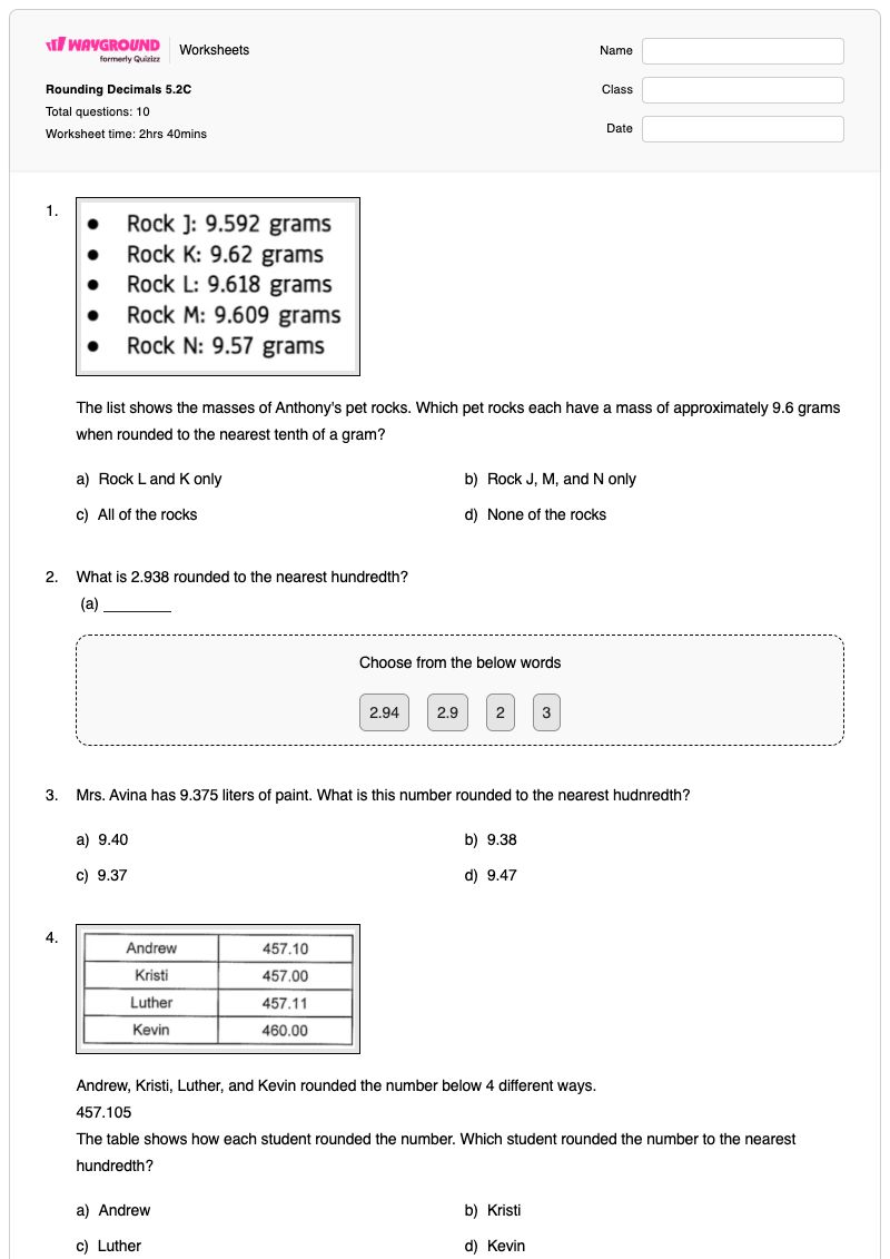 Rounding Decimals 5.2C - Printable Measuring-to-the-nearest-quarter-inch Worksheets Year 5 - Wayground