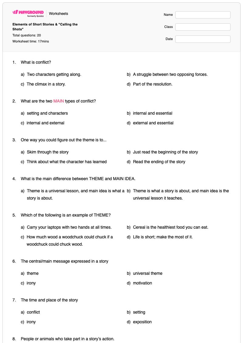 Elements of Short Stories & "Calling the Shots" - Printable Short-stories Worksheets Kindergarten - Wayground