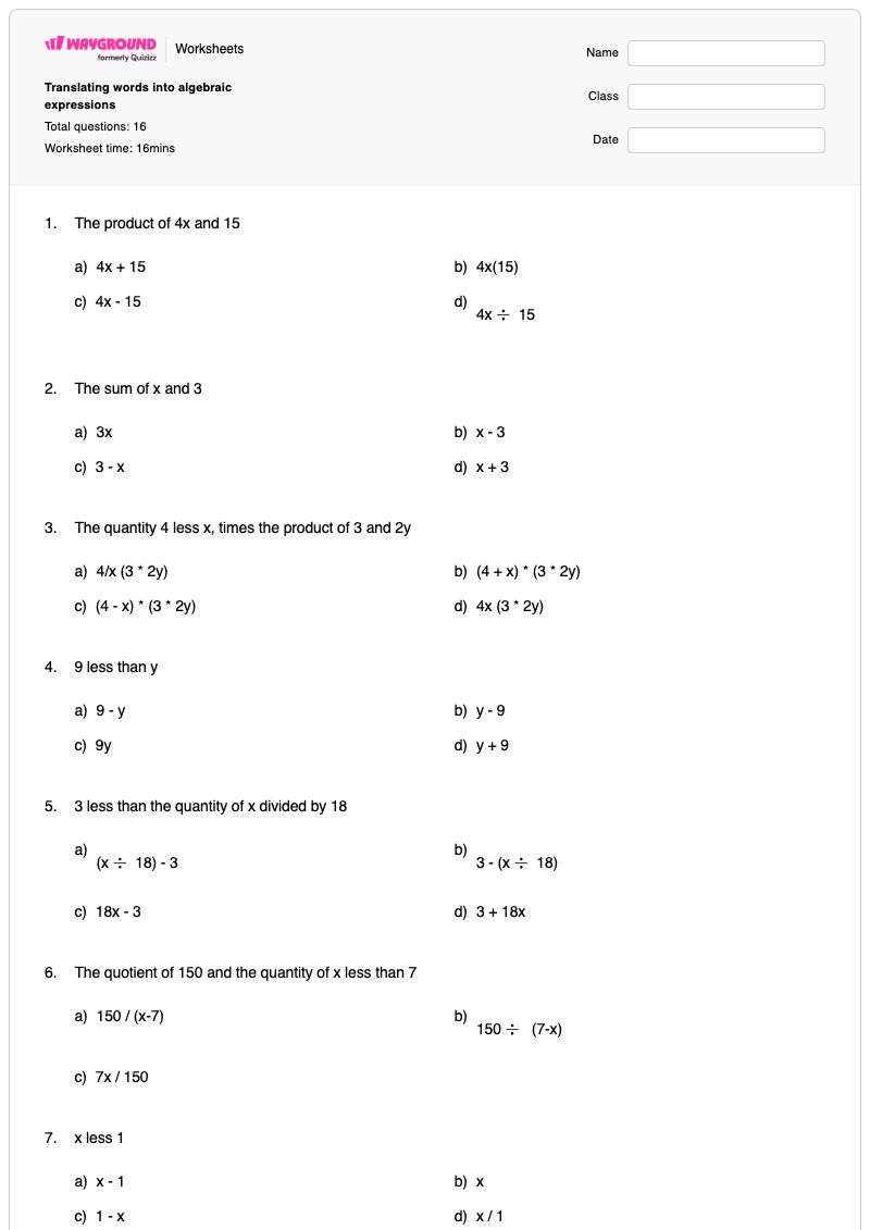 Translating words into algebraic expressions - พิมพ์ได้ การแสดงออก เวิร์กชีท - Wayground