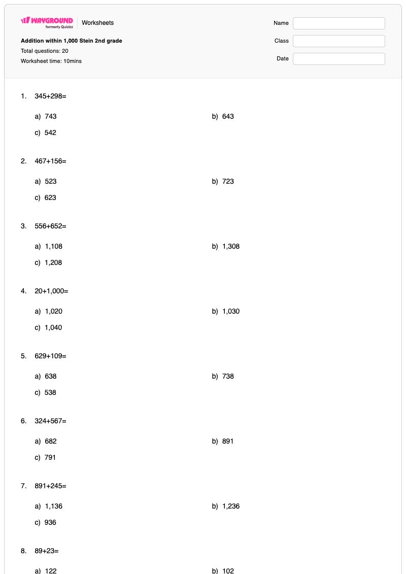 Addition within 1,000 Stein 2nd grade - พิมพ์ได้ ส่วนที่เพิ่มเข้าไป เวิร์กชีท - Wayground