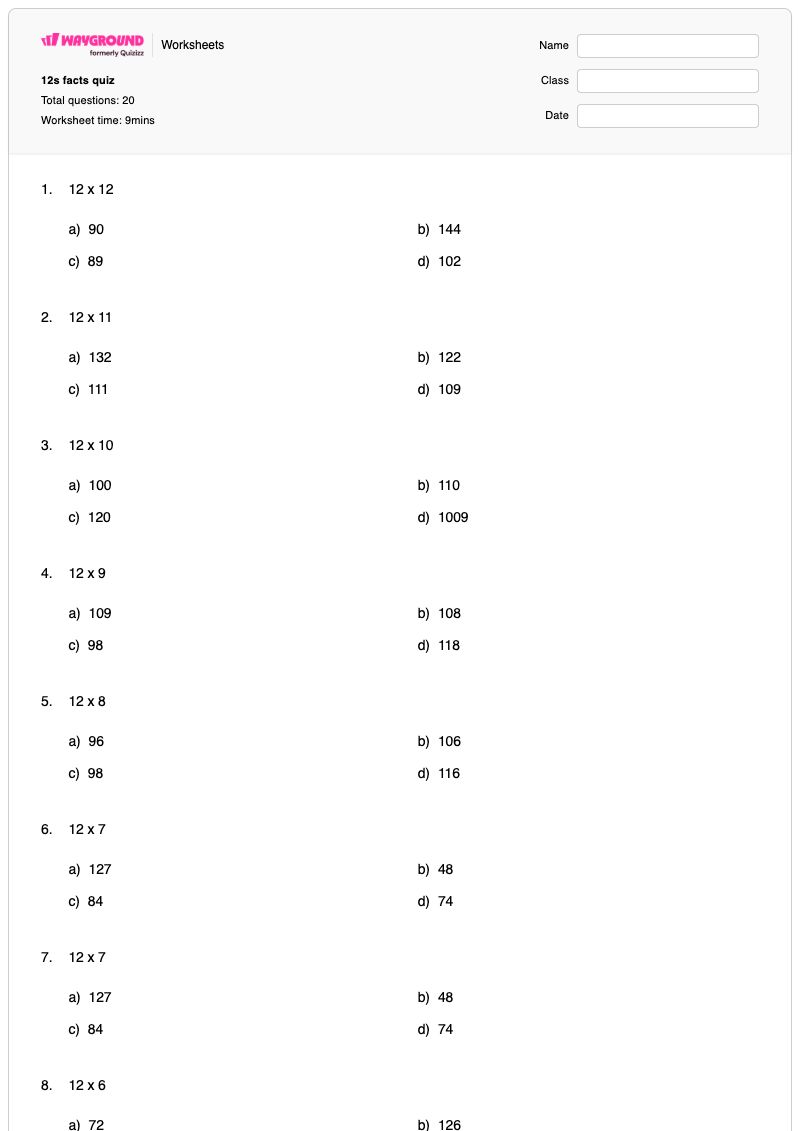 12s facts quiz - Printable Multiplication Worksheets - Wayground