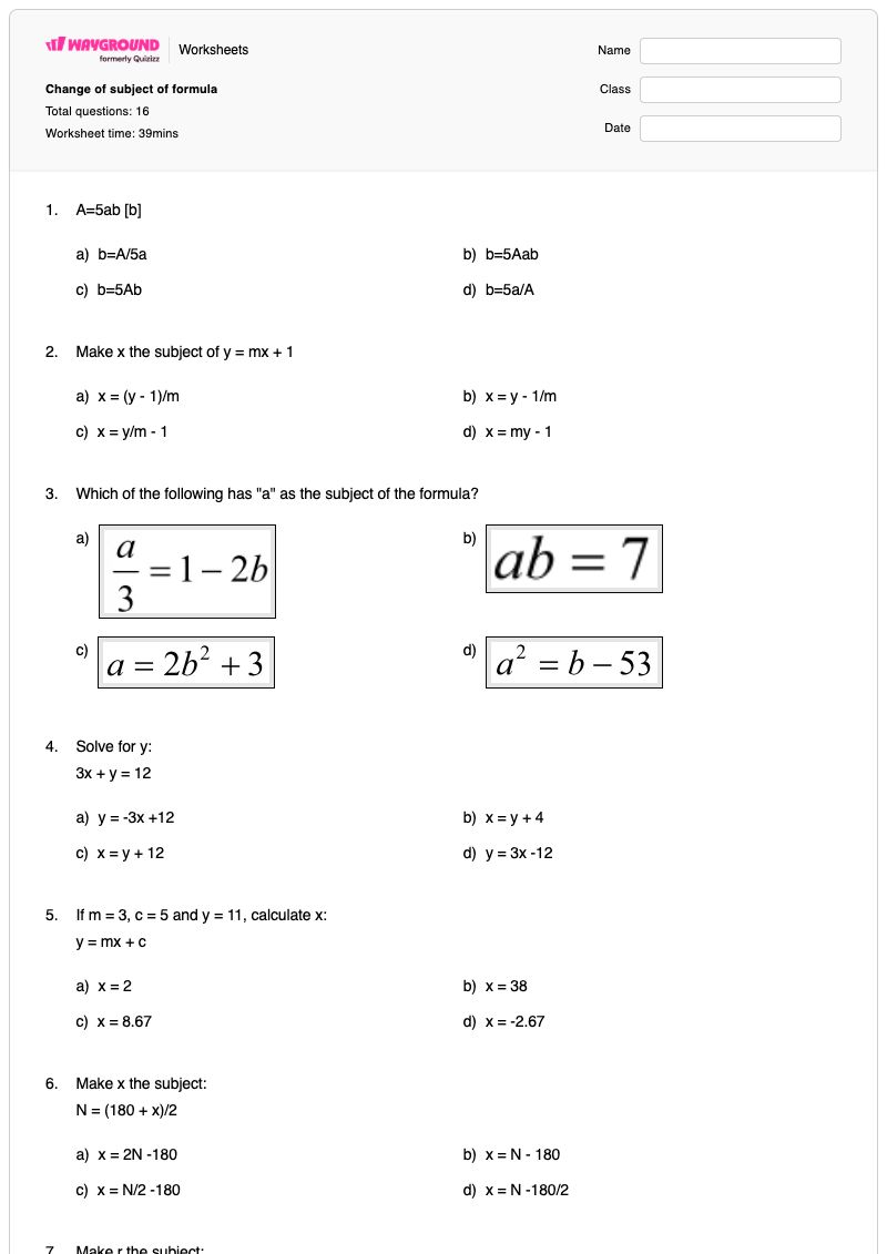Change of subject of formula - Printable Rearranging-formulas Worksheets Year 8 - Wayground
