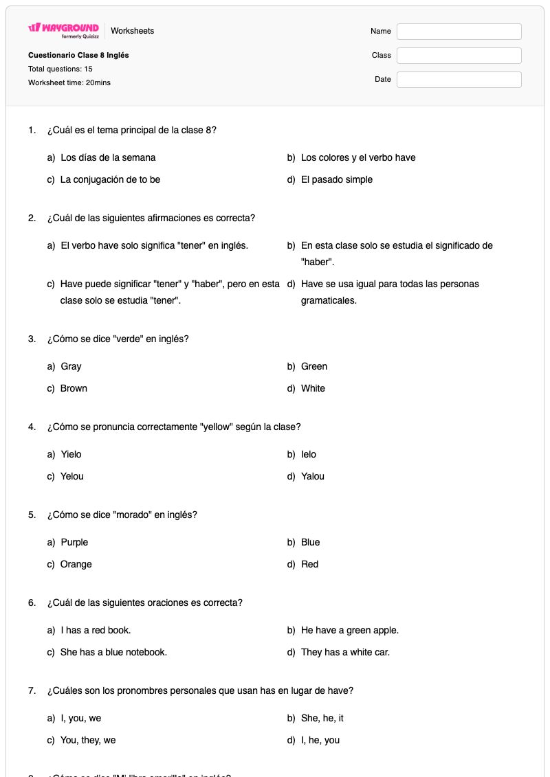 Cuestionario Clase 8 Inglés - Imprimible Estudio-novedoso Hojas-de-trabajo Grado 7 - Wayground